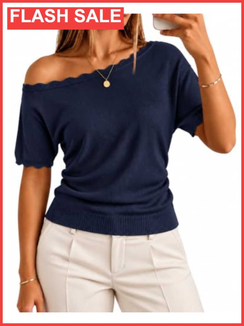 Scalloped Off Shoulder Knit Sweater Top Women Ruched Slim Fit Short Sleeve